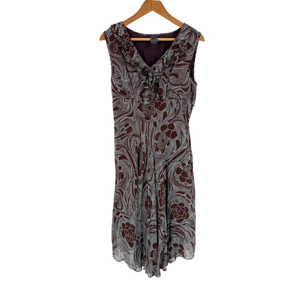 Vintage 90s Casual Studio Midi Dress Brown Small Boho Floral Bias Cut Sleeveless